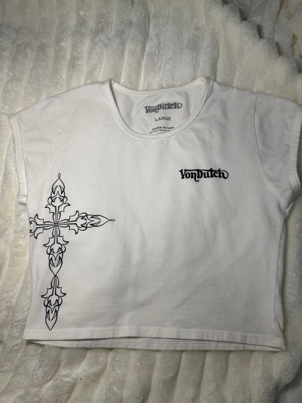 Von Dutch White Cropped Tee with Black Ornate Cross